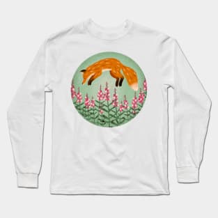 Red fox jumping in a field of fireweed flowers Long Sleeve T-Shirt